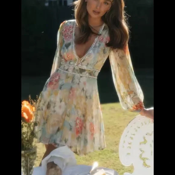 Floral V-Neck Dress with Long Sleeves - Picture 4 of 4